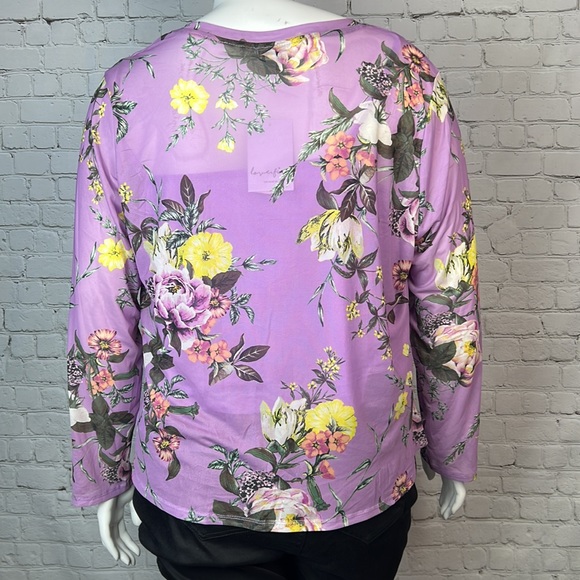 Love, Fire Purple Floral Mesh Overlay Long Sleeve Top Plus Size 3X - Picture 3 of 6